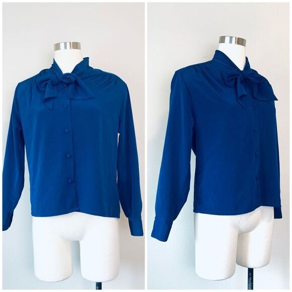 Vintage Blue Blouse Top Pussybow Necktie Secretary Western Small 6 Tie - Picture 1 of 7